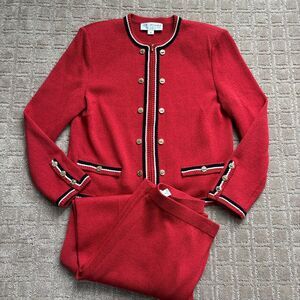 St John Collection Knit Jacket Pant 2 pc. Set Women's 8 VTG Red Preppy Old Money